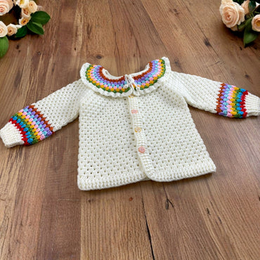 Crochet Baby Cardigan Pattern PDF, Rainbow Collar Sweater Tutorial, Buttoned Infant Jacket Design, Granny Stitch Detail