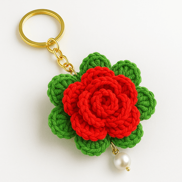 Crochet Rose Keychain Pattern Easy 3D Multilayer Floral Charm - Hand Trendy