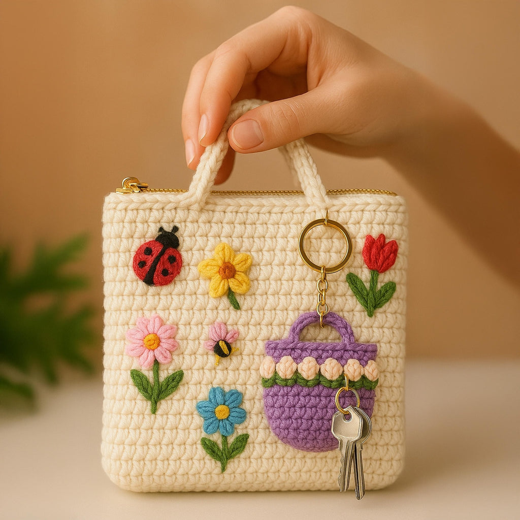 Floral Bag Keychain Crochet PDF Pattern - Mini Flower Purse Keyring Tutorial - Hand Trendy