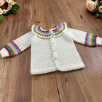 Crochet Baby Cardigan Pattern PDF, Rainbow Collar Sweater Tutorial, Buttoned Infant Jacket Design, Granny Stitch Detail