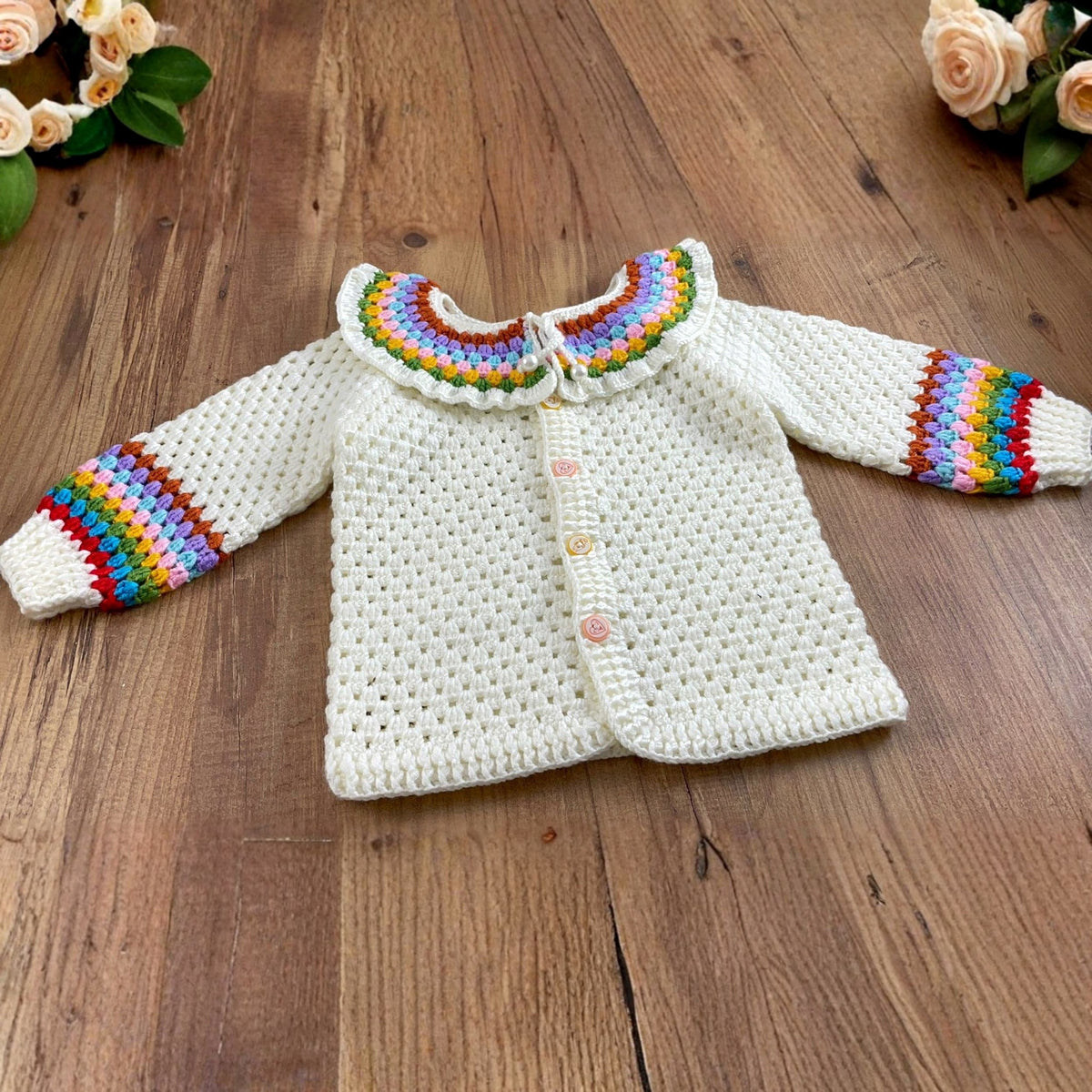 Crochet Baby Cardigan Pattern PDF, Rainbow Collar Sweater Tutorial, Buttoned Infant Jacket Design, Granny Stitch Detail