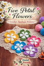 Crochet Flower Applique Pattern PDF, Five Petal Floral Motif Design, Pearl Center Embellishment, Hair Clip Brooch Decor, Handmade Craft