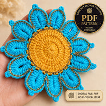 Crochet Flower Coaster Pattern PDF, Blue Petal Mug Rug Design, Handmade Cup Mat Tutorial, English & German
