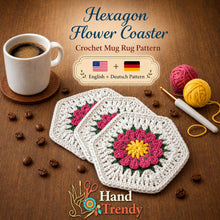 Crochet Hexagon Coaster Pattern PDF, 3D Flower Mug Rug Design, Handmade Floral Cup Mat Tutorial, English & German