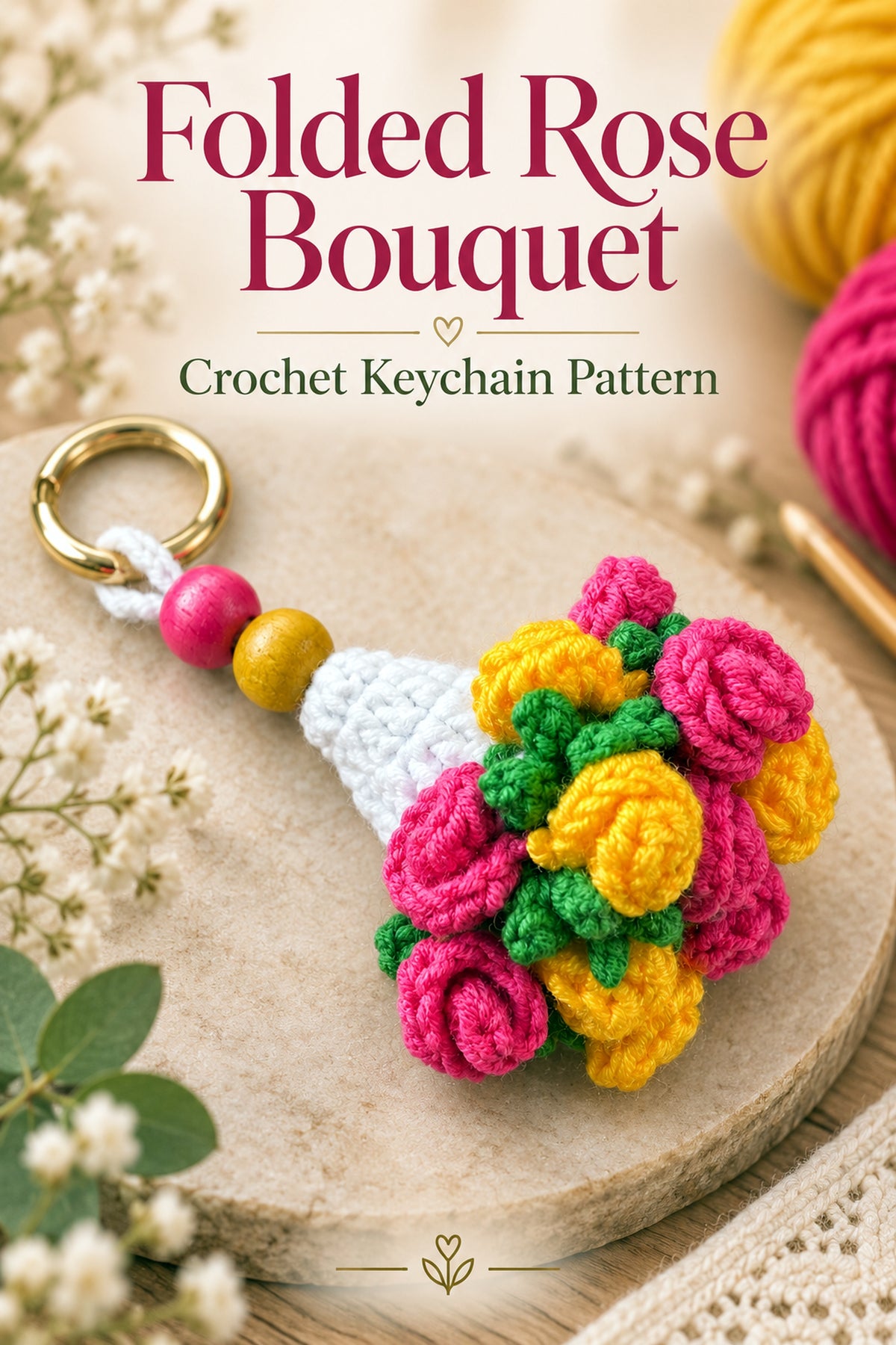 Folded Rose Bouquet Keychain Pattern, Crochet Floral Bag Charm, Mini Flower Cone Ornament PDF Tutorial