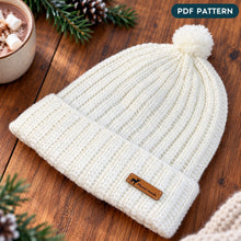 Pom Pom Beanie Crochet Pattern PDF Ribbed Winter Hat With Folded Brim Tutorial