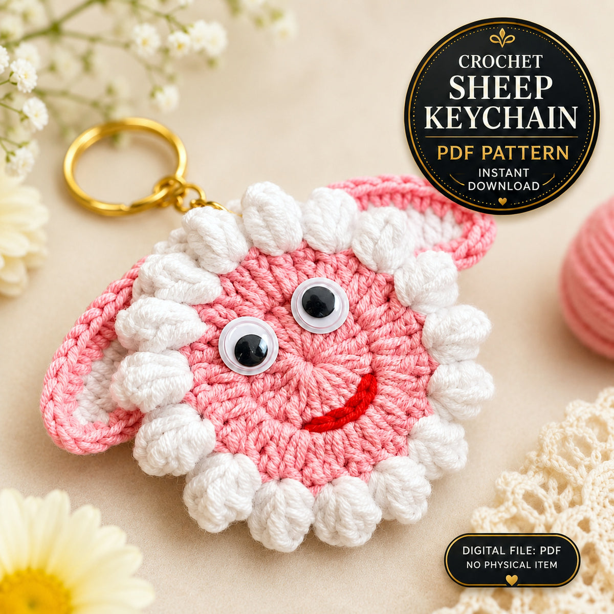 Sheep Face Crochet Keychain Pattern PDF Fluffy Round Smiley Applique Bag Charm Tutorial, English & German