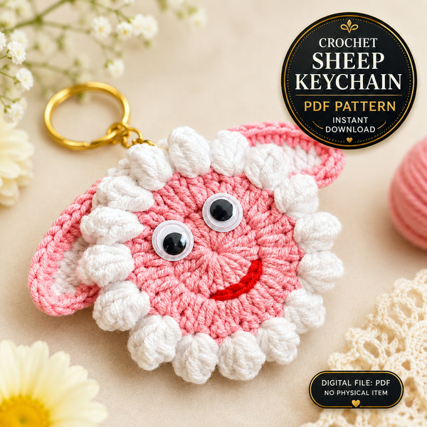 Sheep Face Crochet Keychain Pattern PDF Fluffy Round Smiley Applique Bag Charm Tutorial, English & German