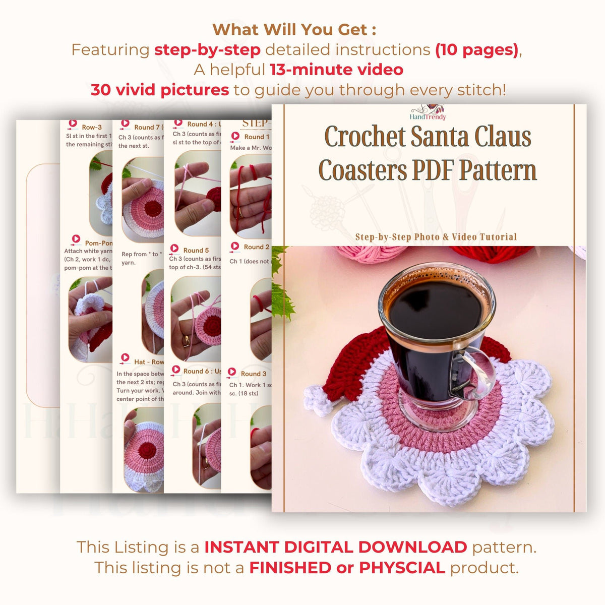 Crochet Santa Coasters Pattern - Festive Decor - Adorable Christmas Decor for Home and Coffee Lovers - Hand Trendy