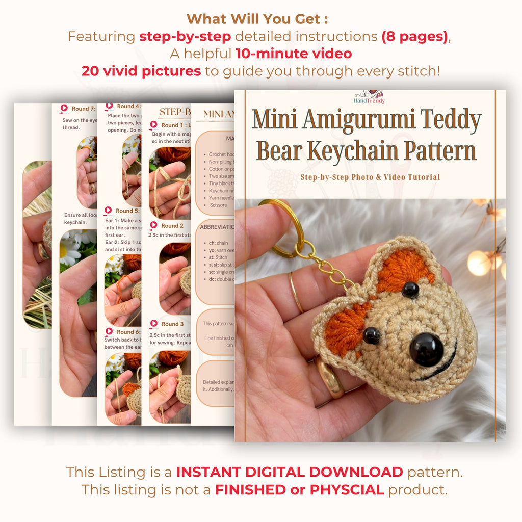 Mini Amigurumi Teddy Bear Keychain Pattern PDF | Small Crochet Teddy Bear PDF - Hand Trendy