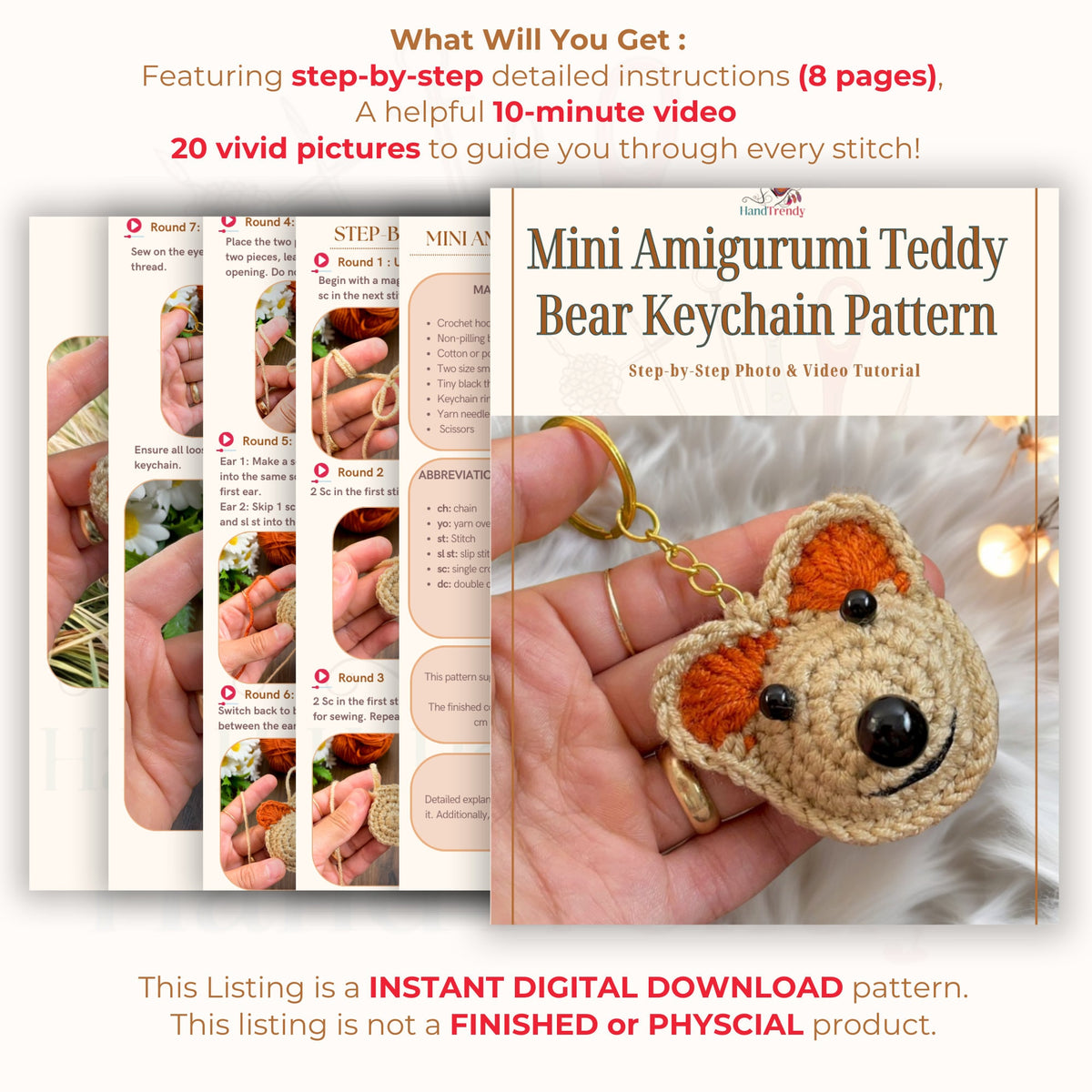 Mini Amigurumi Teddy Bear Keychain Pattern PDF | Small Crochet Teddy Bear PDF - Hand Trendy