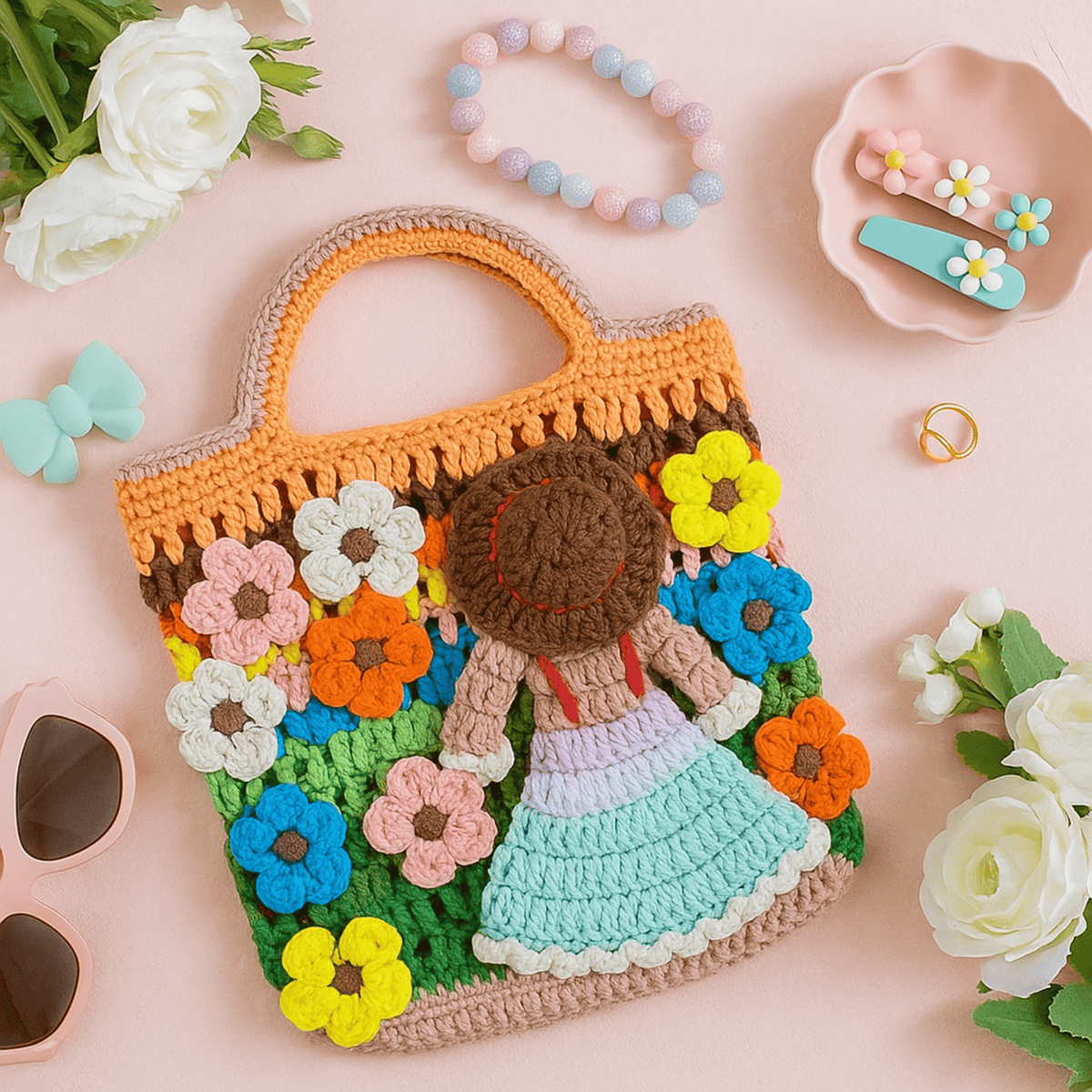 Crochet Flower Girl Bag Pattern PDF – Handmade Crochet Tote Tutorial – Floral Crochet Purse - Hand Trendy