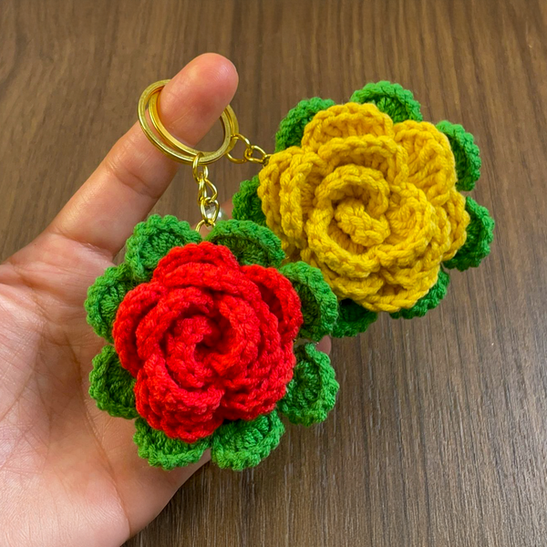 3D Crochet Rose Keychain Pattern PDF, Multilayer Floral Bag Charm