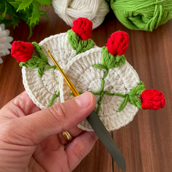 3D Crochet Rose Coaster Pattern PDF, Elegant Handmade Bloom Placemat