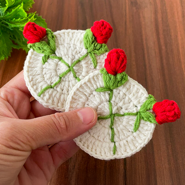 3D Crochet Rose Coaster Pattern PDF, Elegant Handmade Bloom Placemat