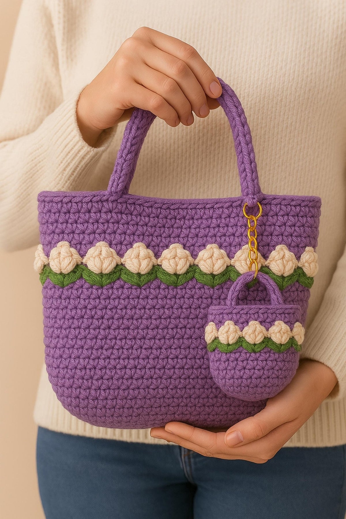 Floral Bag Keychain Crochet PDF Pattern - Mini Flower Purse Keyring Tutorial - Hand Trendy