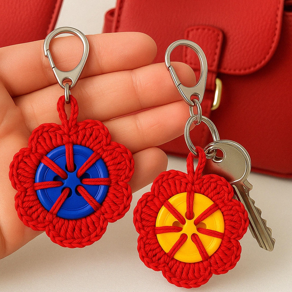 Retro Button Bloom Keychain Pattern PDF - Round Yarn Key Ring Motif Tutorial - Hand Trendy