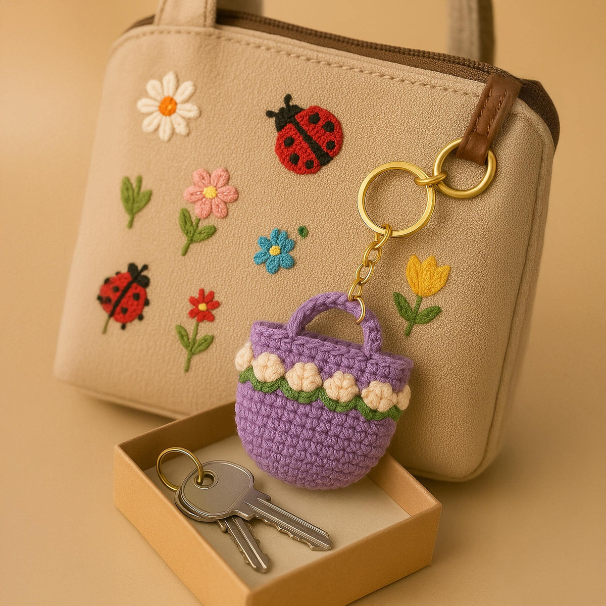 Floral Bag Keychain Crochet PDF Pattern - Mini Flower Purse Keyring Tutorial - Hand Trendy