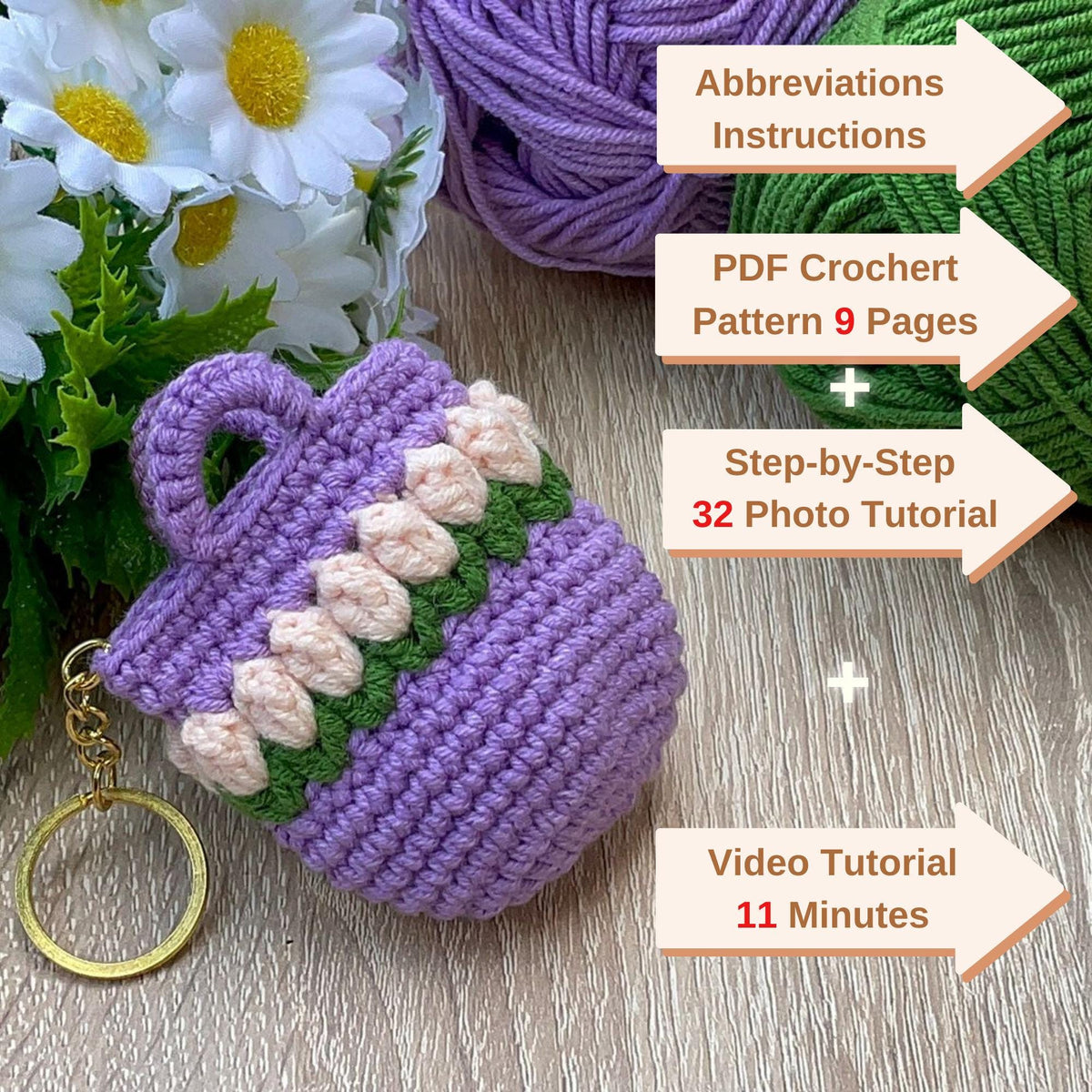 Floral Bag Keychain Crochet PDF Pattern - Mini Flower Purse Keyring Tutorial - Hand Trendy