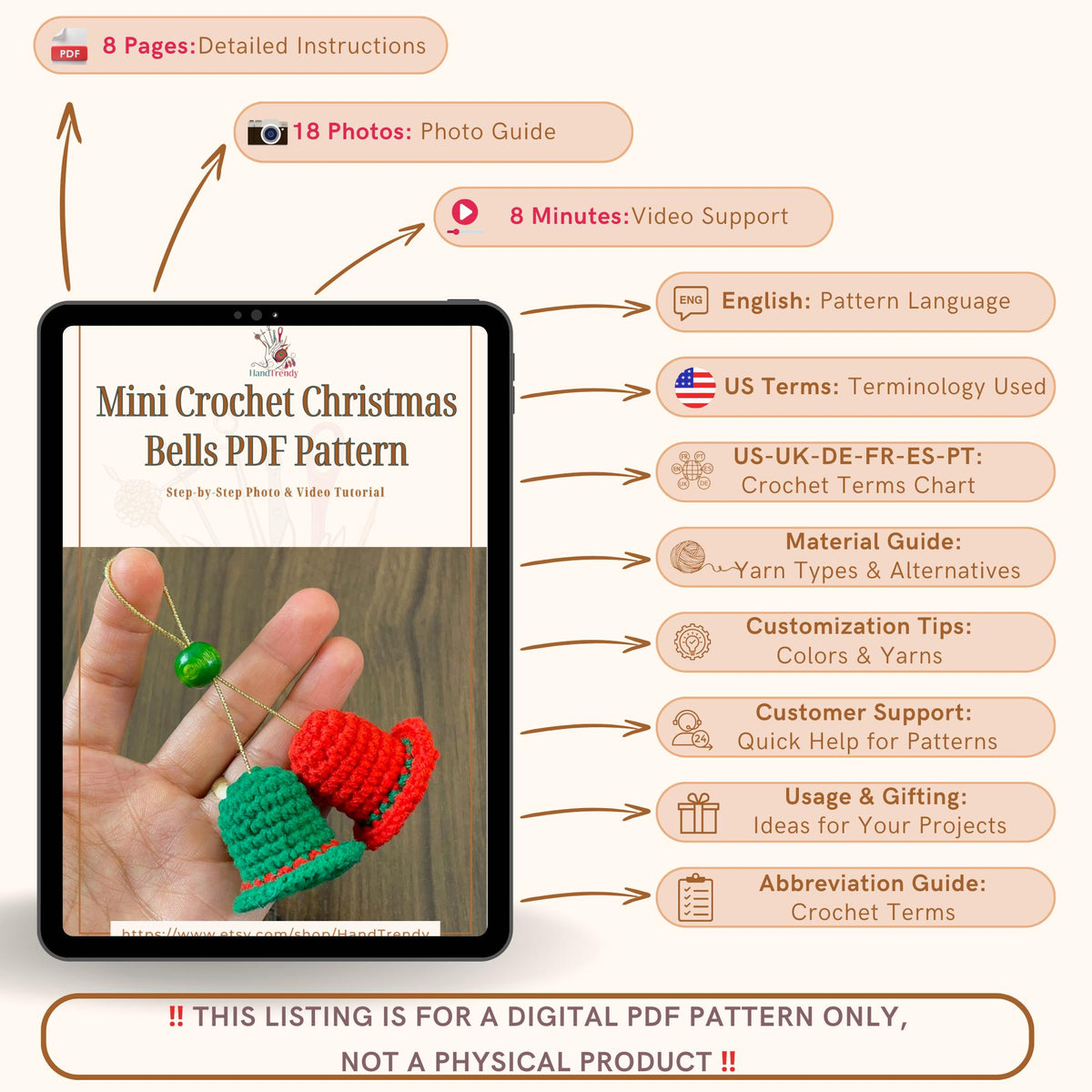Mini Crochet Christmas Bells PDF Pattern - Handmade Small Bell Decorations - Hand Trendy