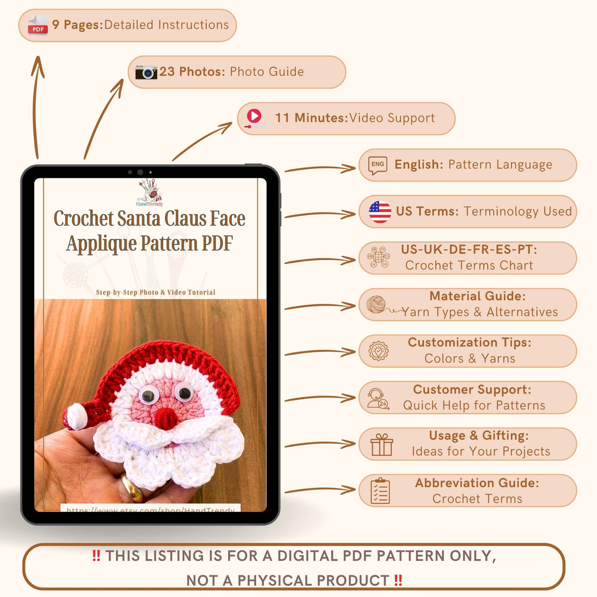 Crochet Santa Claus Face Applique Pattern - Crochet Xmas Tree Decor - Hand Trendy