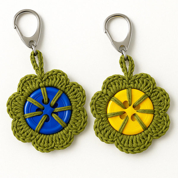 Retro Button Bloom Keychain Crochet Pattern, Easy Upcycled DIY Bag Charm PDF, Round Yarn Key Ring Motif Tutorial - Hand Trendy