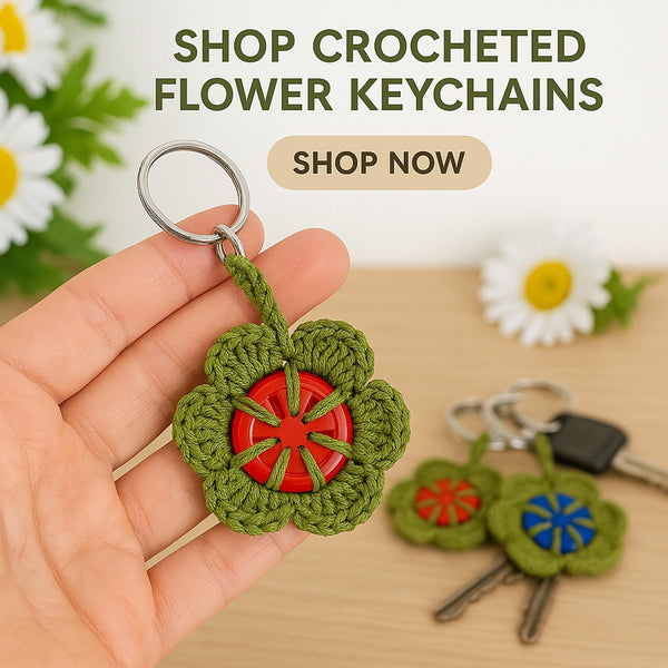Retro Button Bloom Keychain Crochet Pattern, Easy Upcycled DIY Bag Charm PDF, Round Yarn Key Ring Motif Tutorial - Hand Trendy
