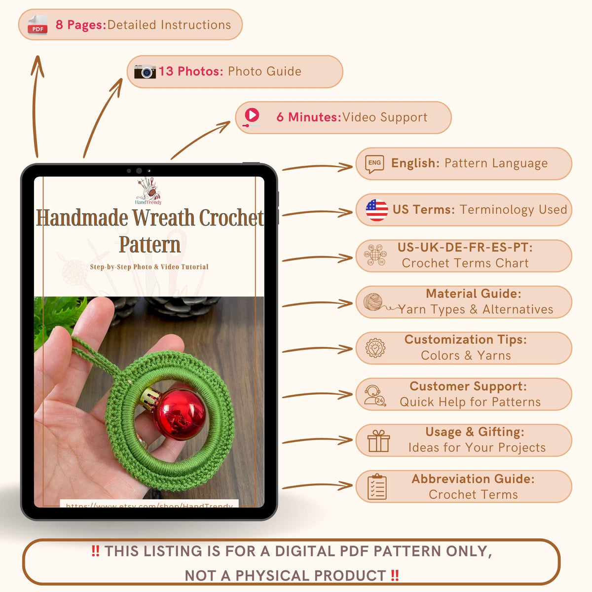 Handmade Wreath Crochet Pattern PDF - Festive Ornament with Bauble PDF - Hand Trendy