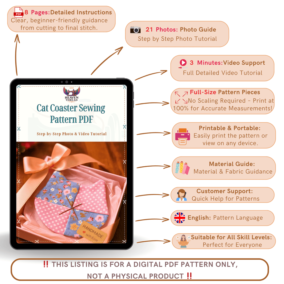 Cat Coaster Sewing Pattern – DIY Fabric Mug Rug Template, Handmade Patchwork Coaster PDF for Beginners - Hand Trendy