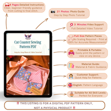 Cat Coaster Sewing Pattern – DIY Fabric Mug Rug Template, Handmade Patchwork Coaster PDF for Beginners