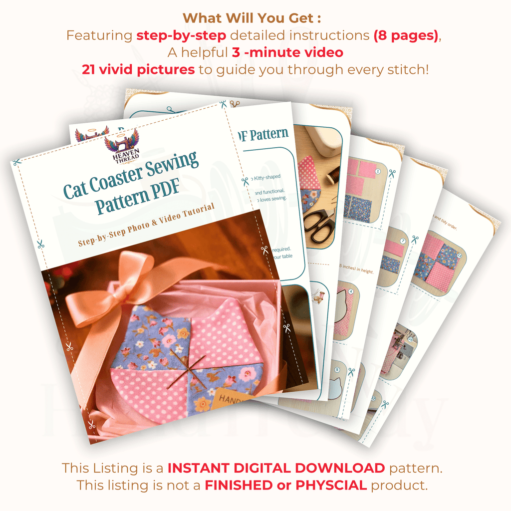 Cat Coaster Sewing Pattern – DIY Fabric Mug Rug Template, Handmade Patchwork Coaster PDF for Beginners - Hand Trendy