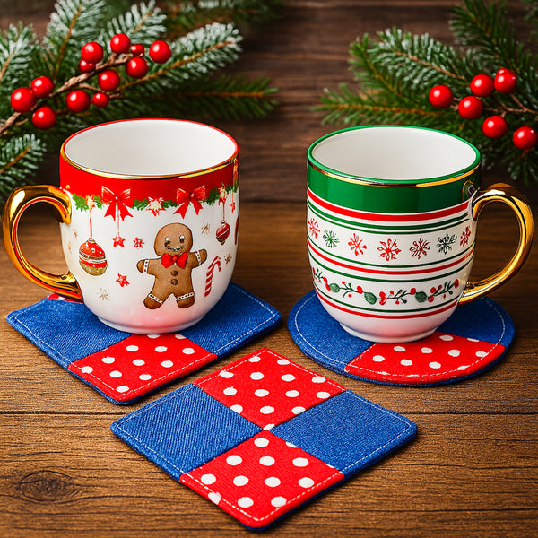 Sewing Coaster Set Pattern for Christmas - DIY Fabric Patchwork Mug Rugs in Christmas
