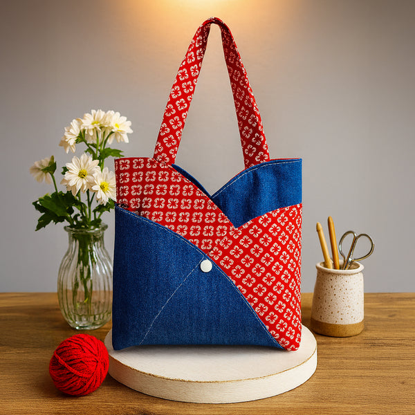 PDF Sewing Pattern Japanese Style Denim and Red Patchwork Tote Bag Pattern