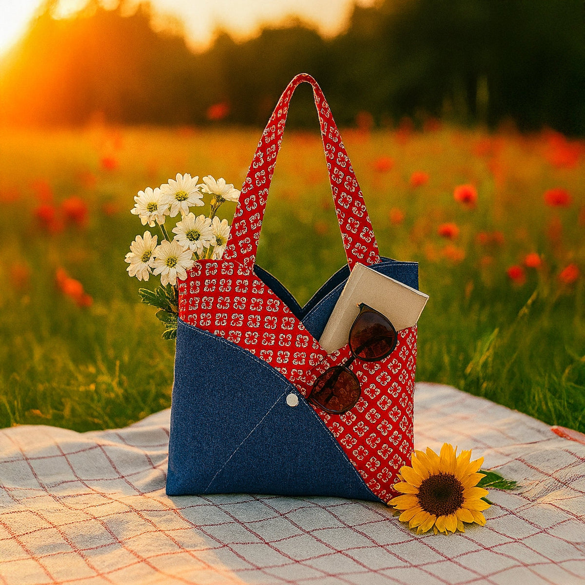 Red Patchwork Tote Bag Pattern - PDF Sewing Pattern Japanese Style Denim - Hand Trendy