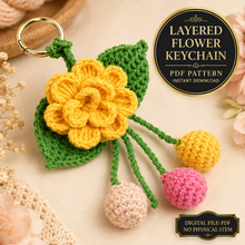 Layered Flower Keychain Pattern PDF 3D Blossom Leaf Tassel Charm Bag Accessory Tutorial