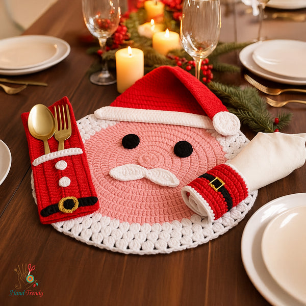 Christmas Crochet Table Set PDF Pattern With Santa Placemat - Cutlery Holder And Napkin Ring For Holiday Table Decor