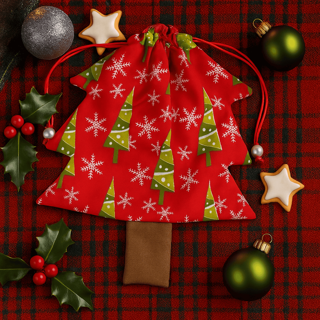 Christmas Tree Pouch Sewing Pattern for Bag Charm Tutorial Easy DIY Fabric Drawstring PDF - Hand Trendy