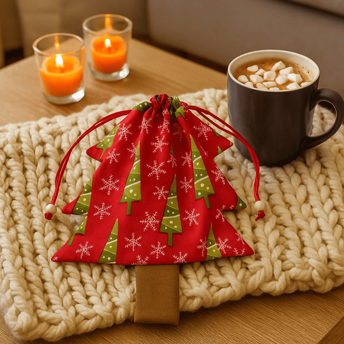 Christmas Tree Pouch Sewing Pattern for Bag Charm Tutorial Easy DIY Fabric Drawstring PDF - Hand Trendy