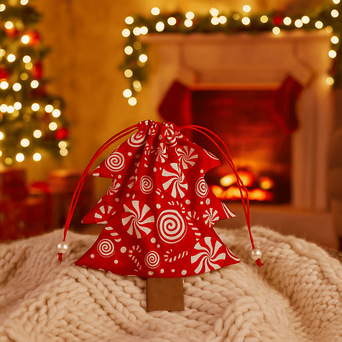 Christmas Tree Pouch Sewing Pattern for Bag Charm Tutorial Easy DIY Fabric Drawstring PDF - Hand Trendy