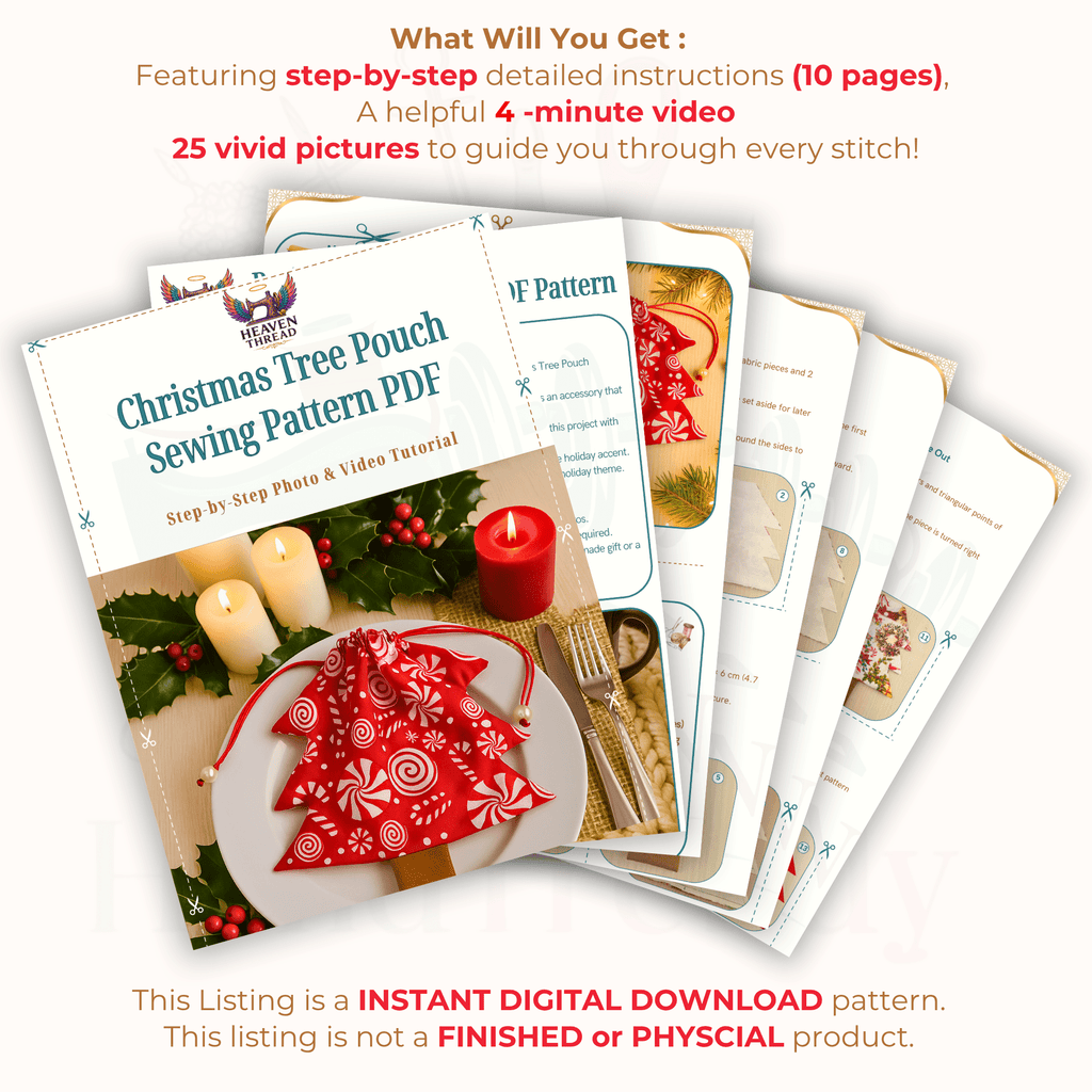 Christmas Tree Pouch Sewing Pattern for Bag Charm Tutorial Easy DIY Fabric Drawstring PDF - Hand Trendy