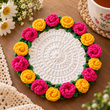Rose Crochet Coaster Pattern PDF Floral Mug Rug Round Flower Cup Mat Tutorial