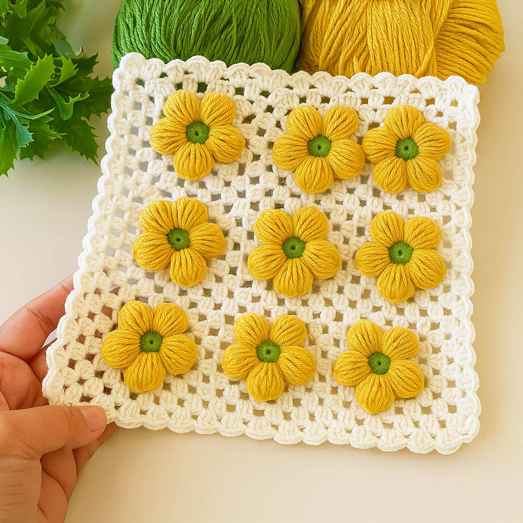 Crochet 3D Puffy Flower Pattern PDF, Textured Bloom Applique Tutorial - Hand Trendy