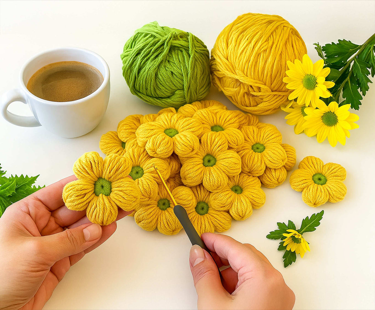Crochet 3D Puffy Flower Pattern PDF, Textured Bloom Applique Tutorial - Hand Trendy
