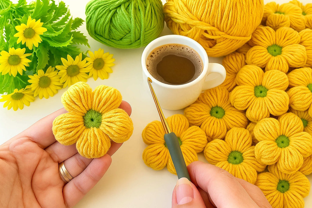 Crochet 3D Puffy Flower Pattern PDF, Textured Bloom Applique Tutorial - Hand Trendy