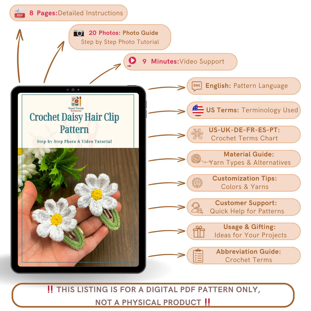 Crochet Daisy Hair Clip PDF Pattern for Handmade Flower Hair Accessory Design - Hand Trendy