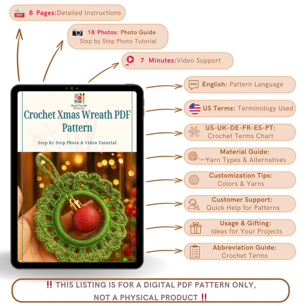 Crochet Xmas Wreath PDF Pattern, Festive DIY Holiday Wreath Tutorial - Hand Trendy