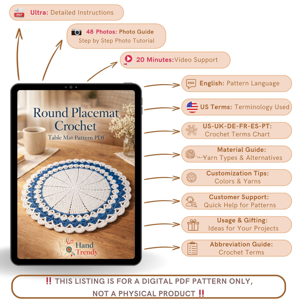 Crochet Round Placemat Pattern PDF, Large Table Mat Design for Farmhouse Kitchen Decor