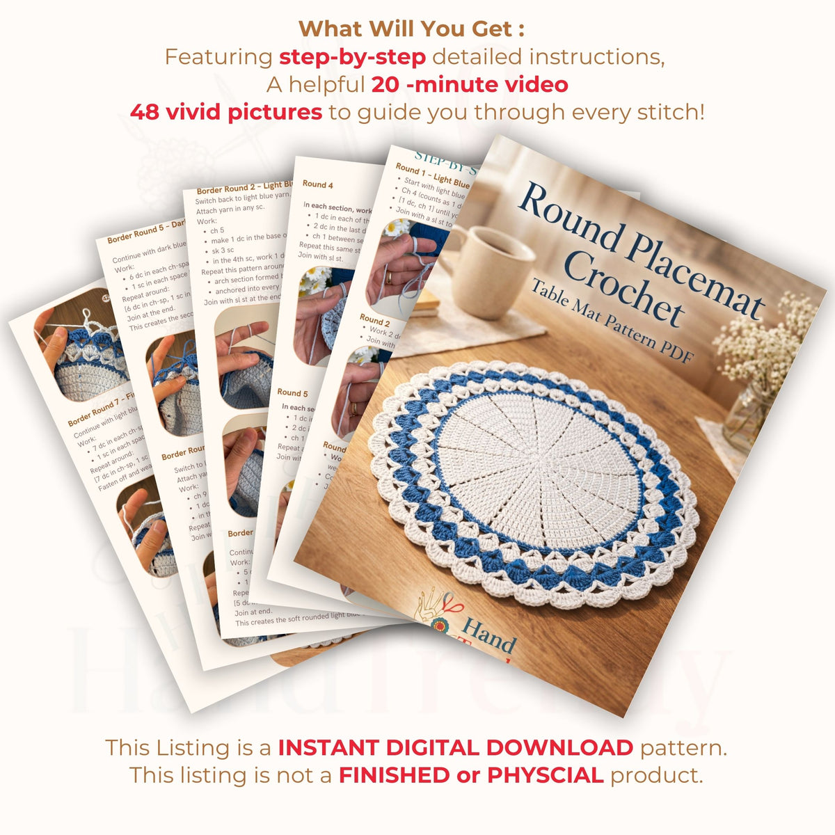Crochet Round Placemat Pattern PDF, Large Table Mat Design for Farmhouse Kitchen Decor