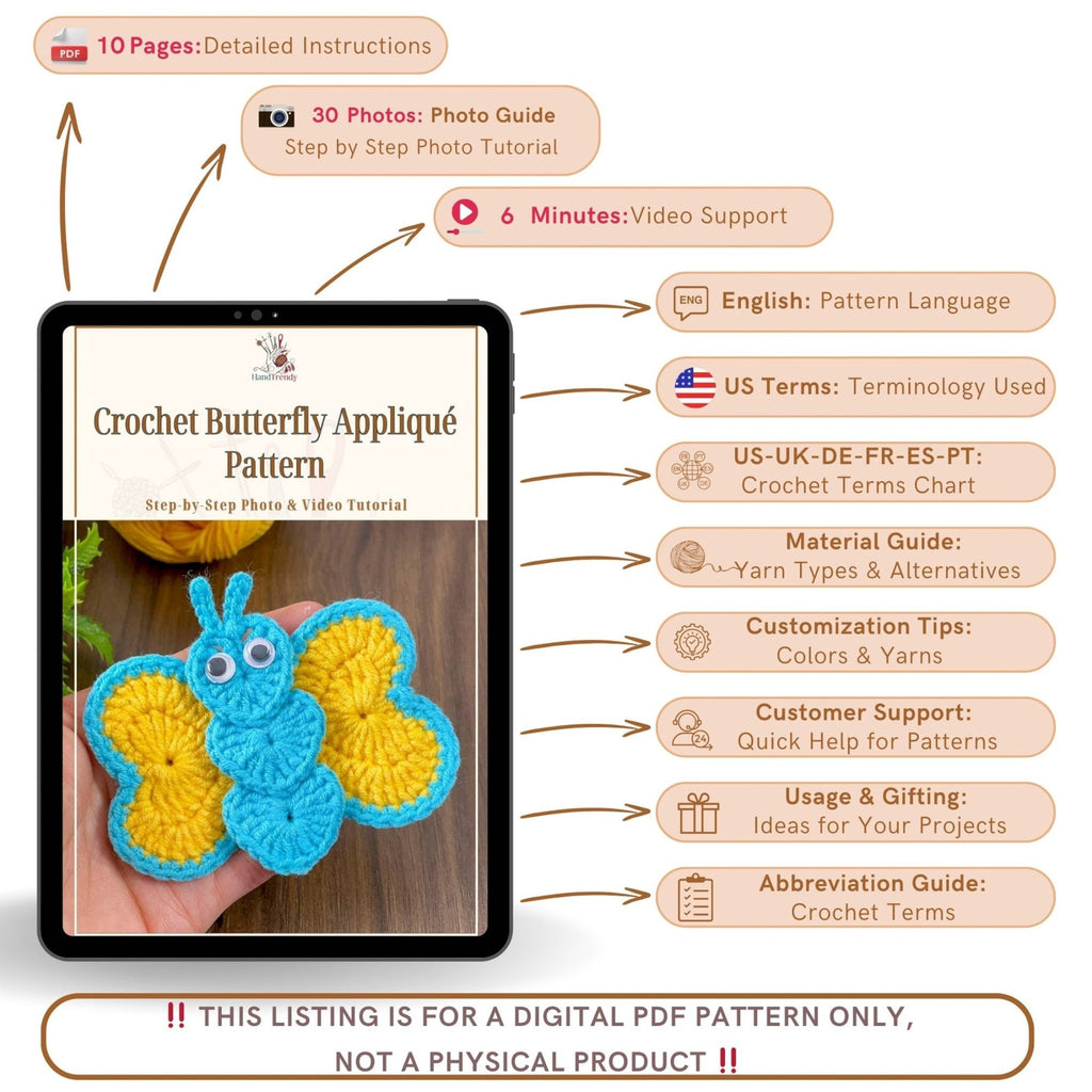 Crochet Butterfly Applique Pattern PDF Heart Motif Design For DIY Craft Projects - Hand Trendy