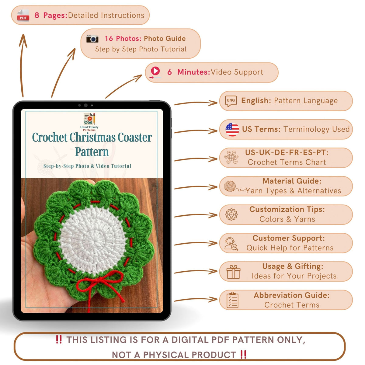 Crochet Christmas Coaster Pattern – Festive Holiday Table Decoration PDF - Hand Trendy